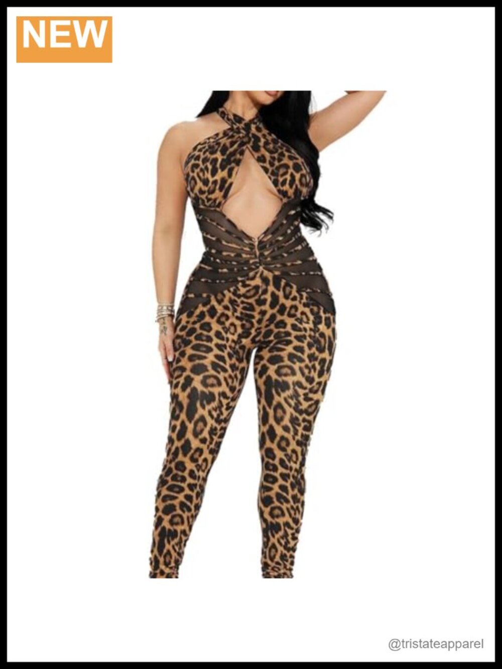 Women's Halter Leopard Print Jumpsuit Bodycon One Piece Catsuit